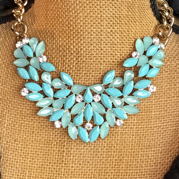 Statement Necklace Teal Light Blue Gold Chain - Picture 1 of 9